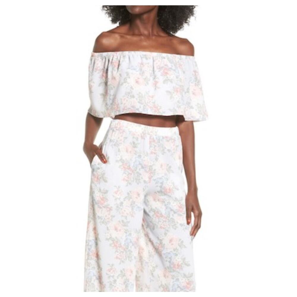WAYF Blue Floral Wide Leg Pull On Pant Sz Small Pockets Cottage Travel Boho USA